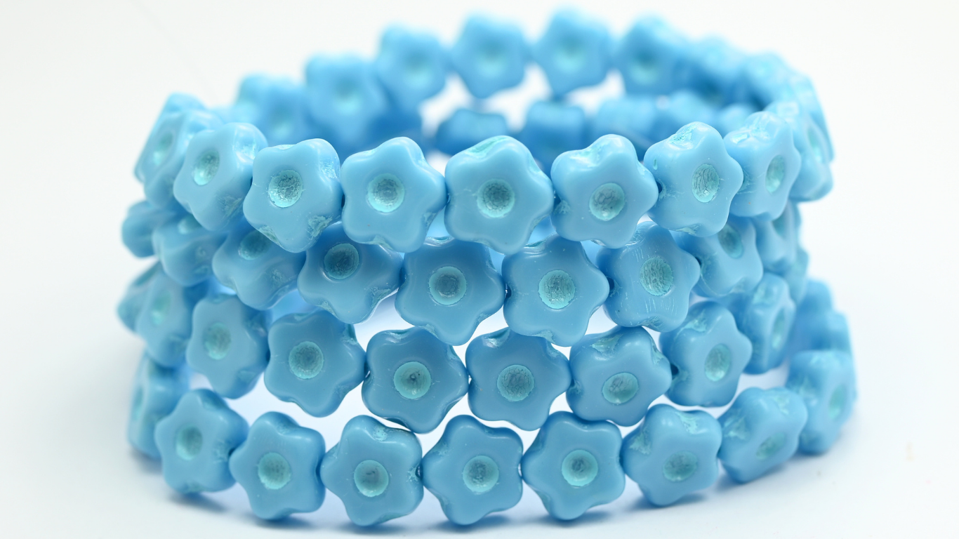 Simple Flower Pressed Glass Beads, Turquoise Blue Light Blue Lined (11-63030-54308), Glass, Czech Republic ~ STRANDED