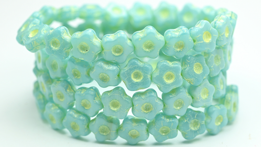 Simple Flower Pressed Glass Beads, Opal Aqua Beige Lined (11-61300-54311), Glass, Czech Republic ~ STRANDED