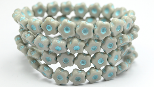Simple Flower Pressed Glass Beads, Opaque Gray Light Blue Lined (11-43020-54308), Glass, Czech Republic ~ STRANDED