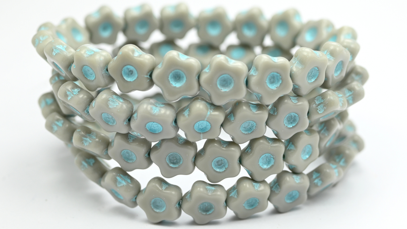 Simple Flower Pressed Glass Beads, Opaque Gray Light Blue Lined (11-43020-54308), Glass, Czech Republic ~ STRANDED