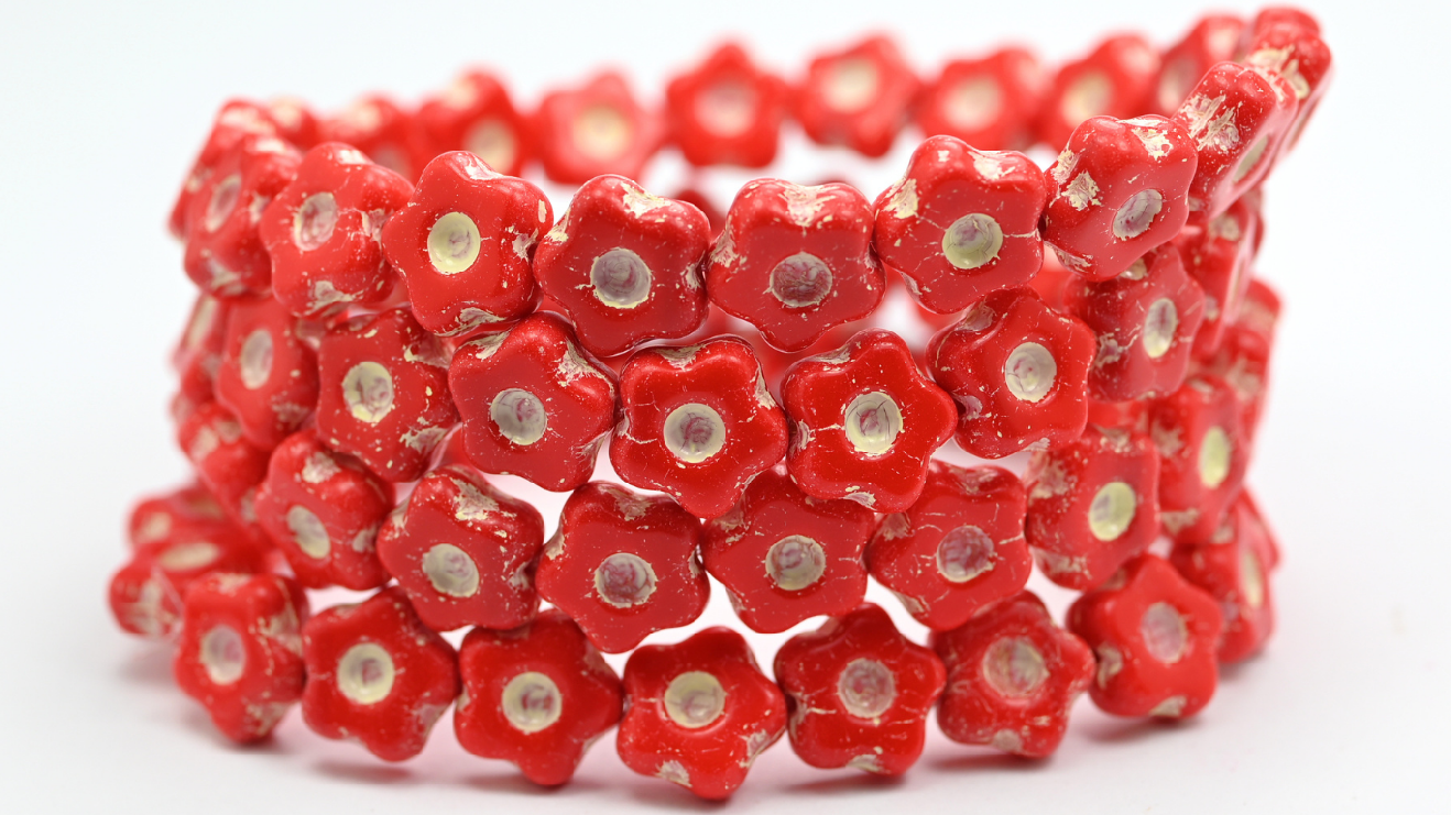 Simple Flower Pressed Glass Beads, Red Beige Lined (11-93190-54311), Glass, Czech Republic ~ STRANDED