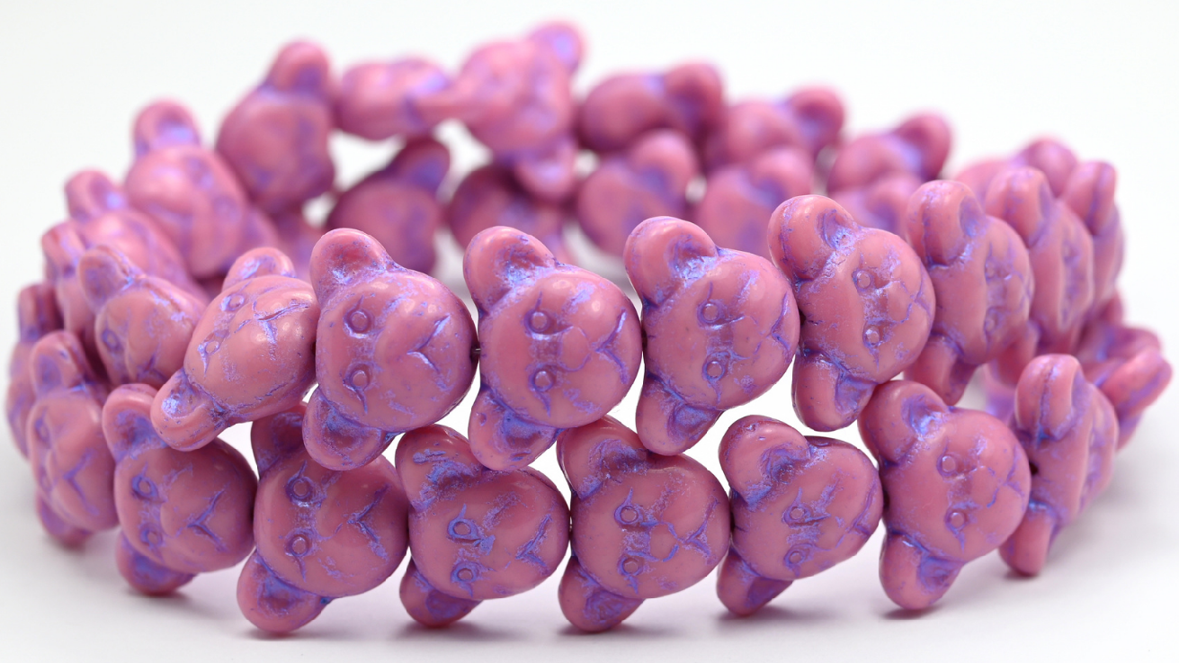 Sad Bear Muzzle Beads, Opaque Pink Blue Purple Lined (1419-74010-43809), Glass, Czech Republic ~ STRANDED