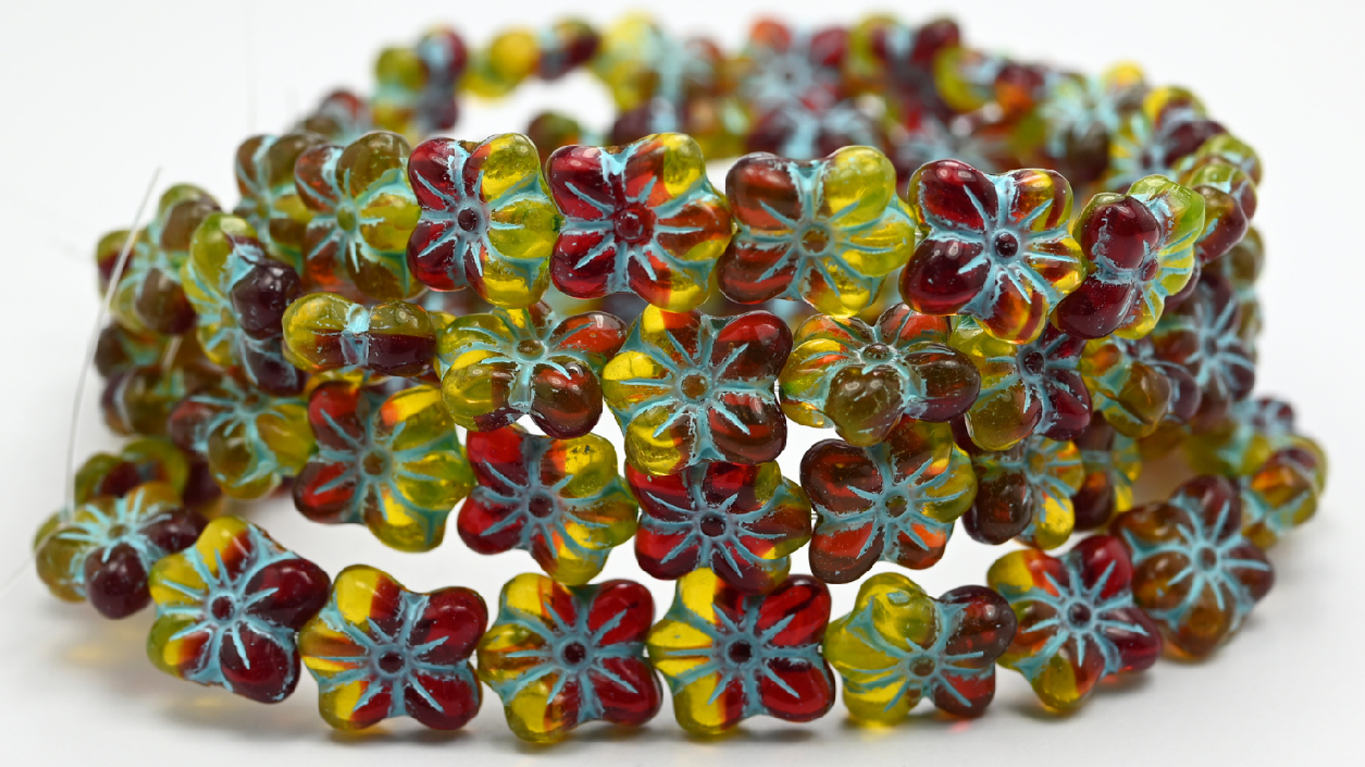 Flower Pressed Glass Beads, Ruby Red Light Blue Lined (1412-90080020-54308), Glass, Czech Republic ~ STRANDED