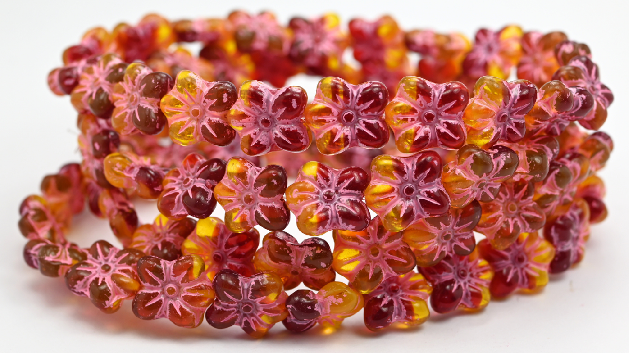 Flower Pressed Glass Beads, Ruby Red 47570 (1412-90080020-47570), Glass, Czech Republic ~ STRANDED