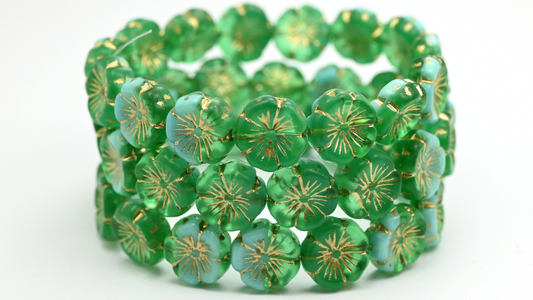 Hawaii Flower Pressed Glass Beads, 5060054210 Gold Lined (5060054210-54202), Glass, Czech Republic ~ STRANDED