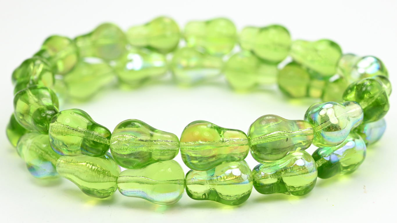 Pear Fruit Pressed Glass Beads, Transparent Green Ab (1712-50220-AB), Glass, Czech Republic ~ STRANDED