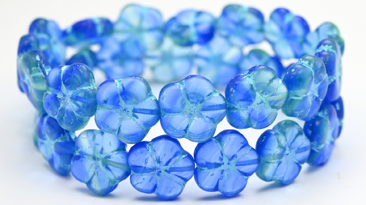 5-Petal Flower Pressed Beads, Mix Yellow Blue Light Blue Lined (18-87301-54308), Glass, Czech Republic ~ STRANDED