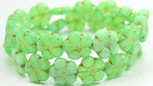 5-Petal Flower Pressed Beads, Opal Green Gold Lined (51010-54202), Glass, Czech Republic ~ STRANDED