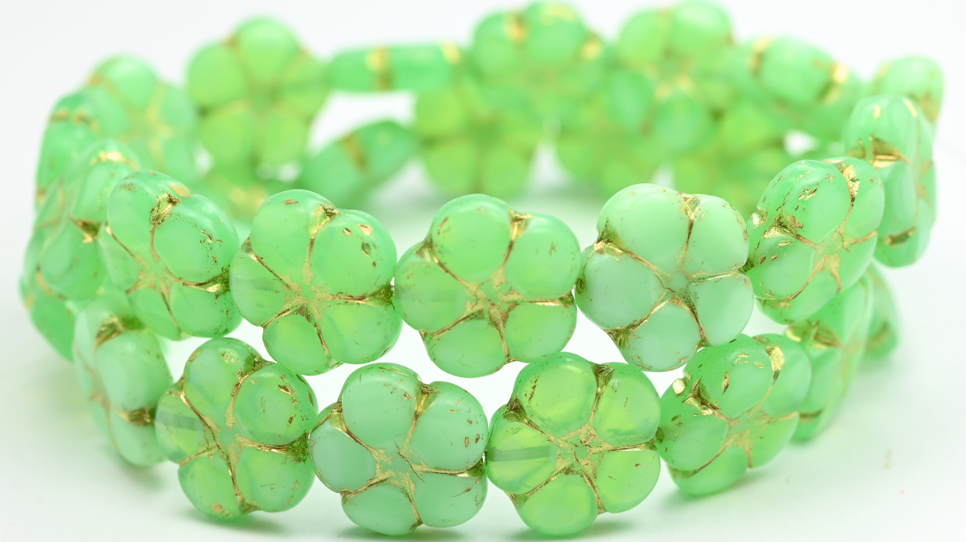 5-Petal Flower Pressed Beads, Opal Green Gold Lined (51010-54202), Glass, Czech Republic ~ STRANDED