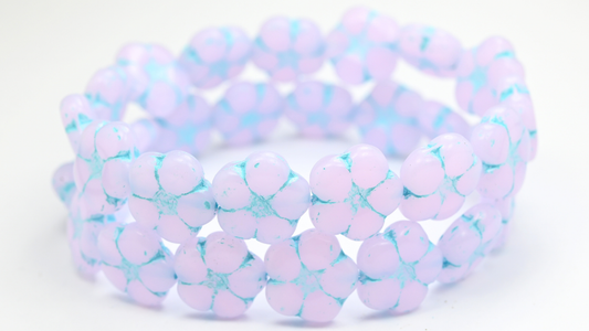 5-Petal Flower Pressed Beads, Opal Pink Light Blue Lined (18-72200-54308), Glass, Czech Republic ~ STRANDED
