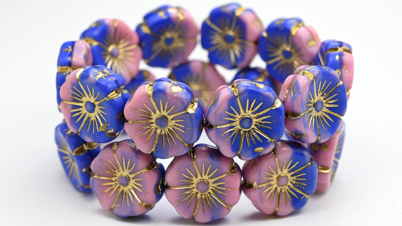 Hawaii Flower Pressed Glass Beads, 340107401 Gold Lined (340107401-54202), Glass, Czech Republic ~ STRANDED