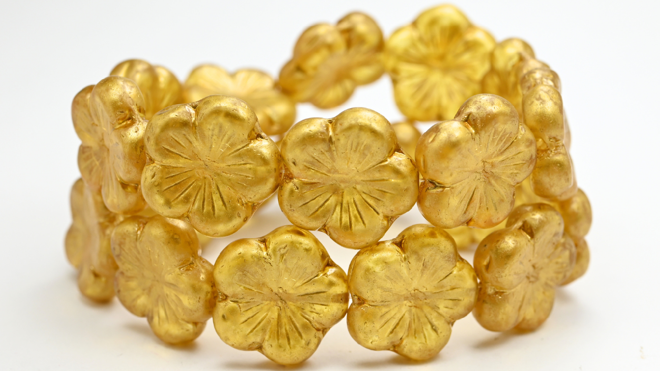 圆形花朵芙蓉压制玻璃珠，透明黄金色泼溅磨砂 (20-80100-86720-M)，玻璃，捷克共和国 ~ 串珠