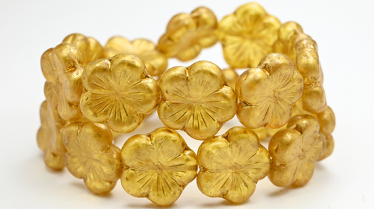 Round Flower Hibiskus Pressed Glass Beads, Transparent Yellow Gold Splash Matte (20-80100-86720-M), Glass, Czech Republic ~ STRANDED