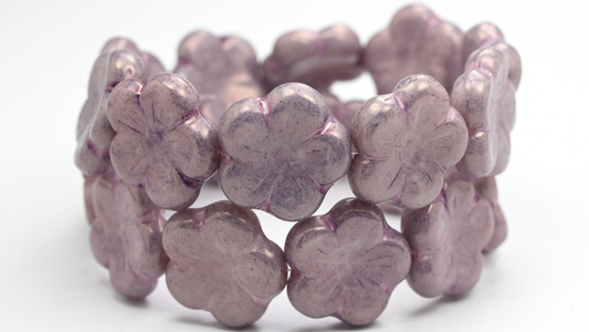 Round Flower Hibiskus Pressed Glass Beads, 4000 Luster Lila (20-04000-14494), Glass, Czech Republic ~ STRANDED