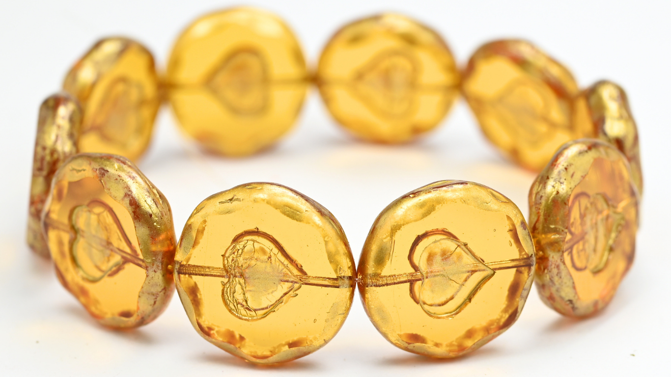 Table Cut Round Beads With Heart, Transparent Orange Gold Splash (10060-86720), Glass, Czech Republic ~ STRANDED