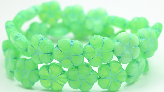 5-Petal Flower Pressed Beads, Opal Green Light Blue Lined (51010-54308), Glass, Czech Republic ~ STRANDED