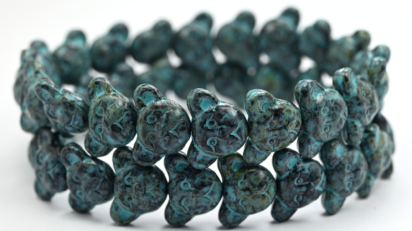 Sad Bear Muzzle Beads, Black Travertin Turqouise Spotted (23980-86-33309), Glass, Czech Republic ~ STRANDED