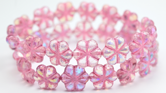 6-Petal Flower Pressed Beads, Crystal Light Fuchsia Pink 47570 Ab (00030-34306-47570-AB), Glass, Czech Republic ~ STRANDED