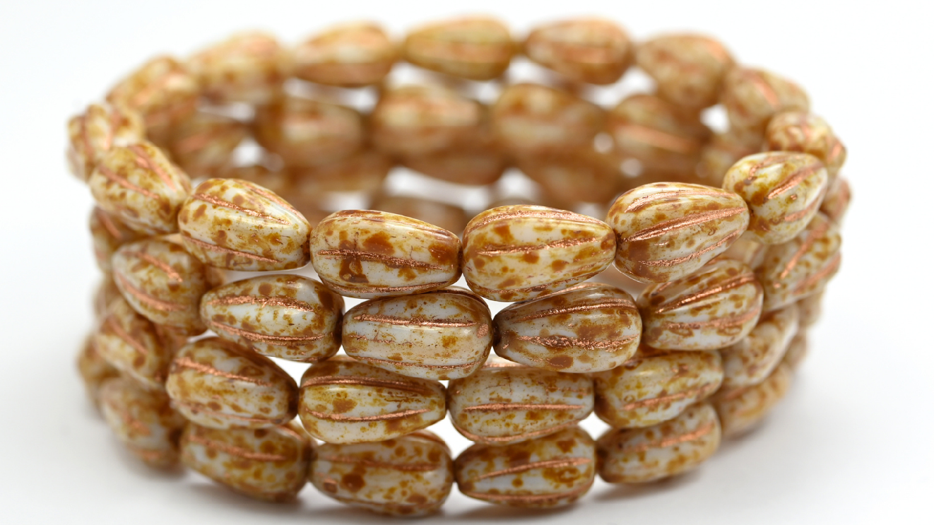 Drop Melon Beads, White Travertin Copper Lined (02010-86-54200), Glass, Czech Republic ~ STRANDED