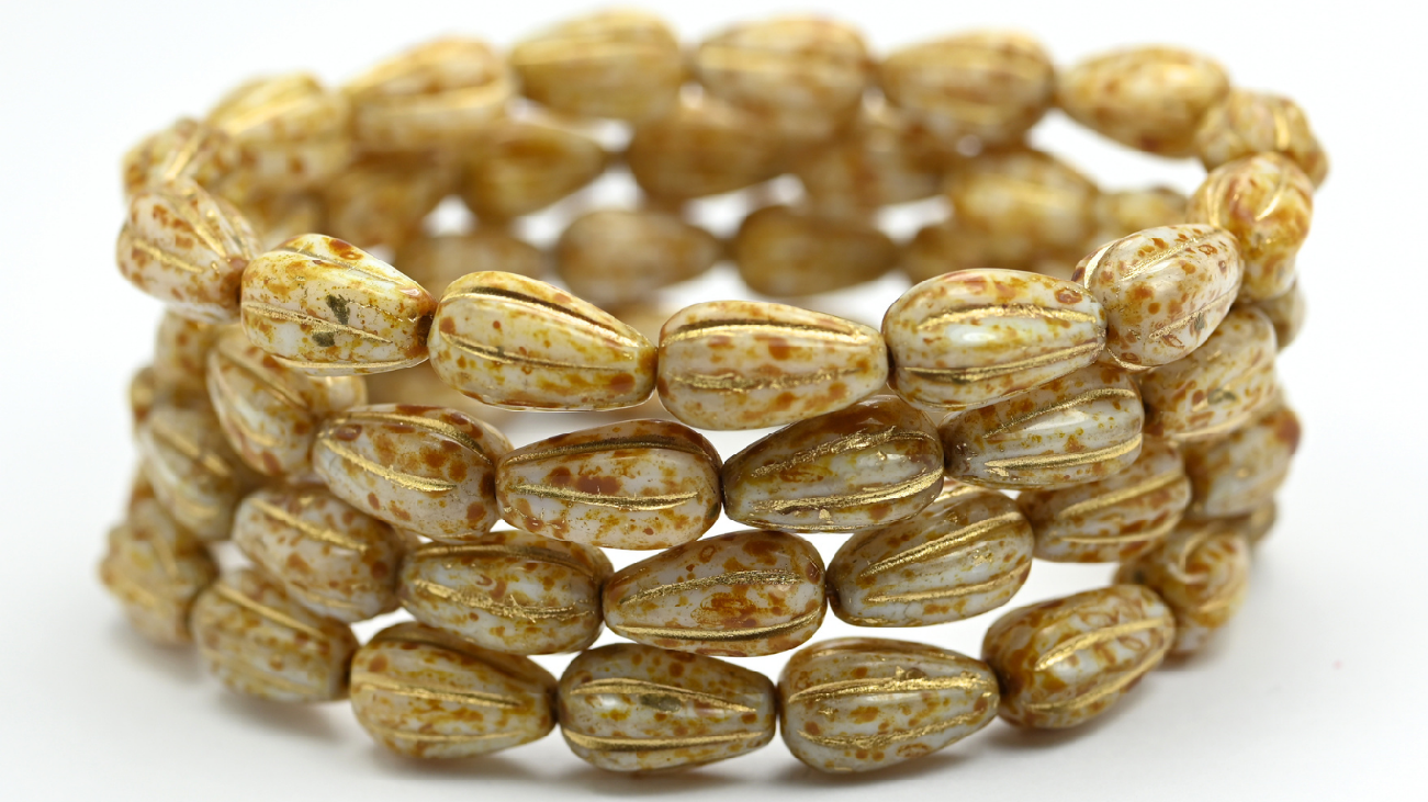 Drop Melon Beads, White Travertin Gold Lined (02010-86-54202), Glass, Czech Republic ~ STRANDED