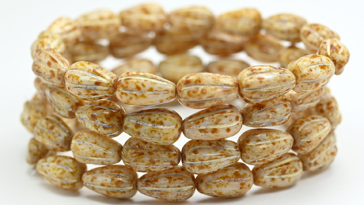 Drop Melon Beads, White Travertin Beige Lined (02010-86-54311), Glass, Czech Republic ~ STRANDED