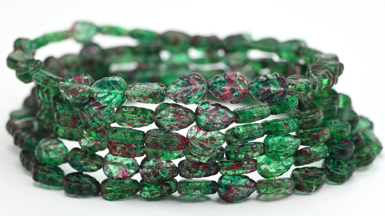 Lilac Leaf Pressed Glass Beads, Transparent Green 48508 (108-50500-48508), Glass, Czech Republic ~ STRANDED