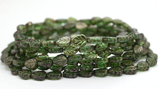 Lilac Leaf Pressed Glass Beads, Transparent Green Copper Splash (108-50500-86750), Glass, Czech Republic ~ STRANDED