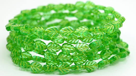 Lilac Leaf Pressed Glass Beads, Transparent Green 54320 (108-50500-54320), Glass, Czech Republic ~ STRANDED
