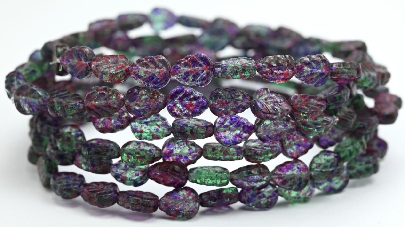 Lilac Leaf Pressed Glass Beads, Transparent Green 48510 (108-50500-48510), Glass, Czech Republic ~ STRANDED