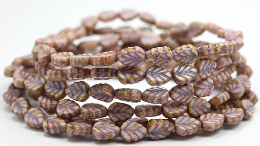 Lilac Leaf Pressed Glass Beads, White Travertin Blue Purple Lined (108-02010-86-43809), Glass, Czech Republic ~ STRANDED