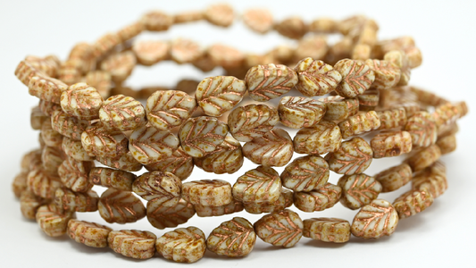Lilac Leaf Pressed Glass Beads, White Travertin Copper Lined (108-02010-86-54200), Glass, Czech Republic ~ STRANDED