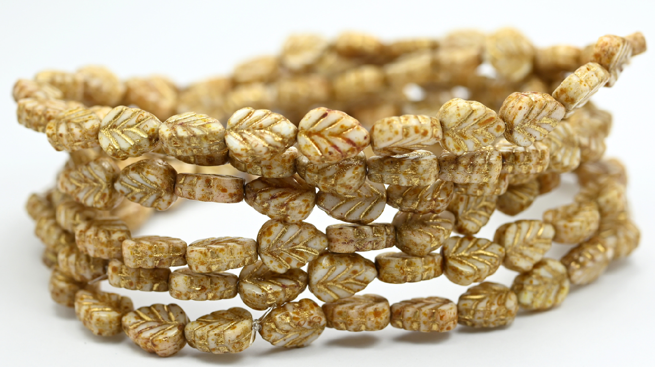 Lilac Leaf Pressed Glass Beads, White Travertin Gold Lined (108-02010-86-54202), Glass, Czech Republic ~ STRANDED