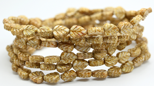 Lilac Leaf Pressed Glass Beads, White Travertin Gold Lined (108-02010-86-54202), Glass, Czech Republic ~ STRANDED