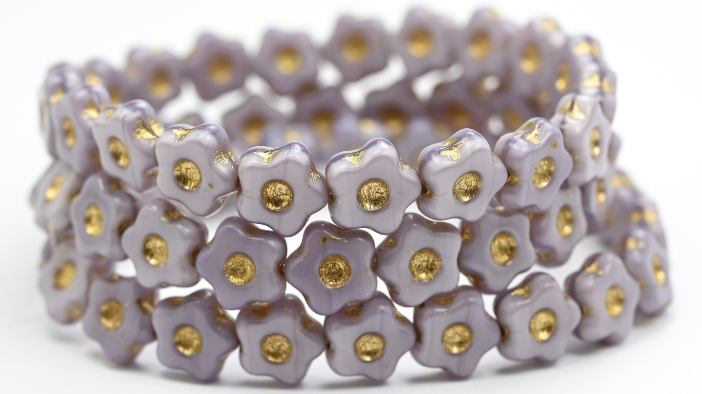 Simple Flower Pressed Glass Beads, Silky Lavender Gold Lined (21350-54202), Glass, Czech Republic ~ STRANDED