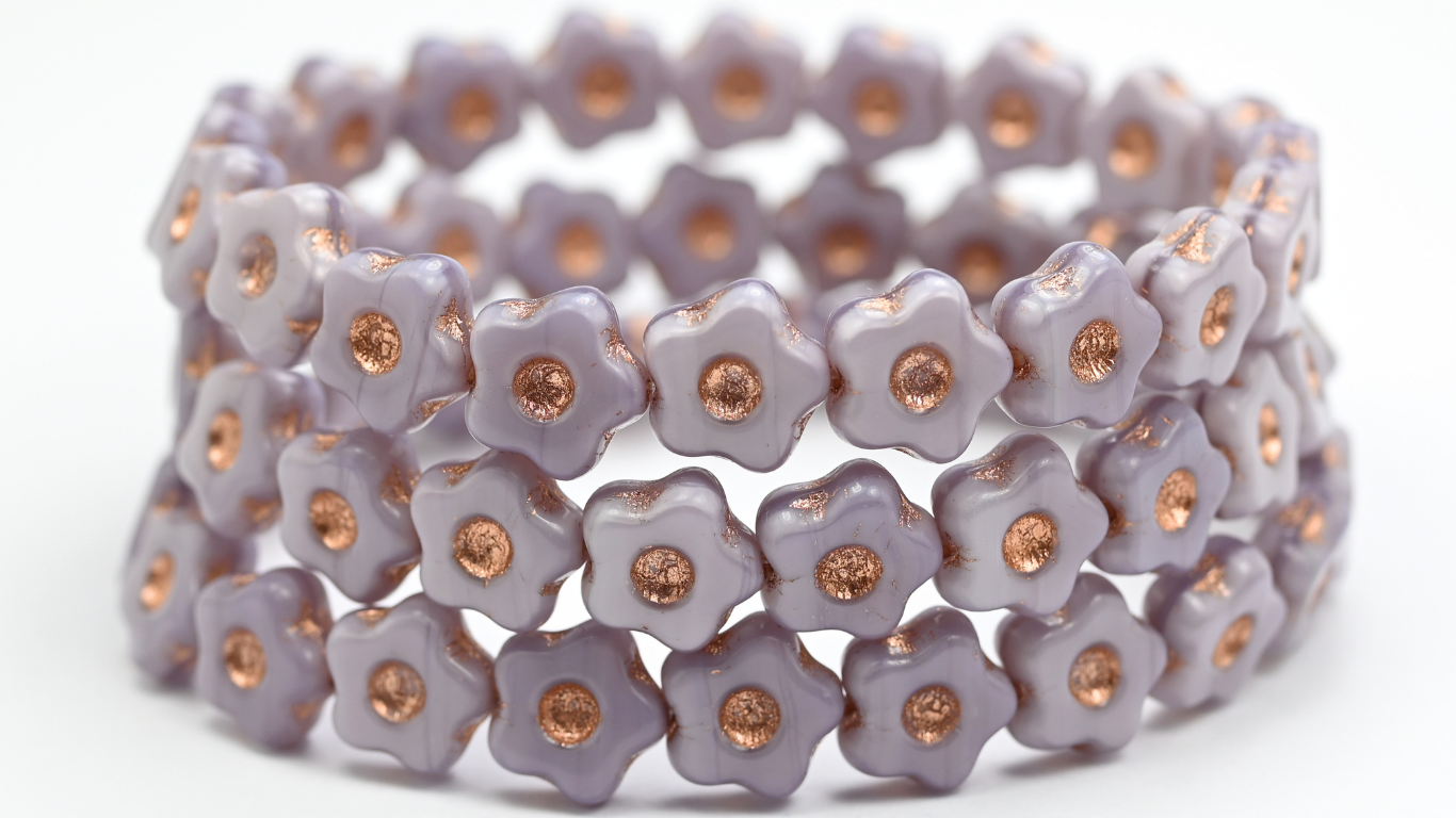 Simple Flower Pressed Glass Beads, Silky Lavender Copper Lined (21350-54200), Glass, Czech Republic ~ STRANDED