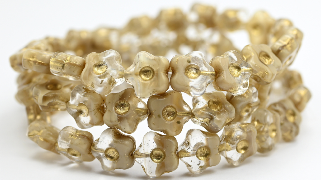 Simple Flower Pressed Glass Beads, Mix Crystal Beige Gold Lined (16018-54202), Glass, Czech Republic ~ STRANDED