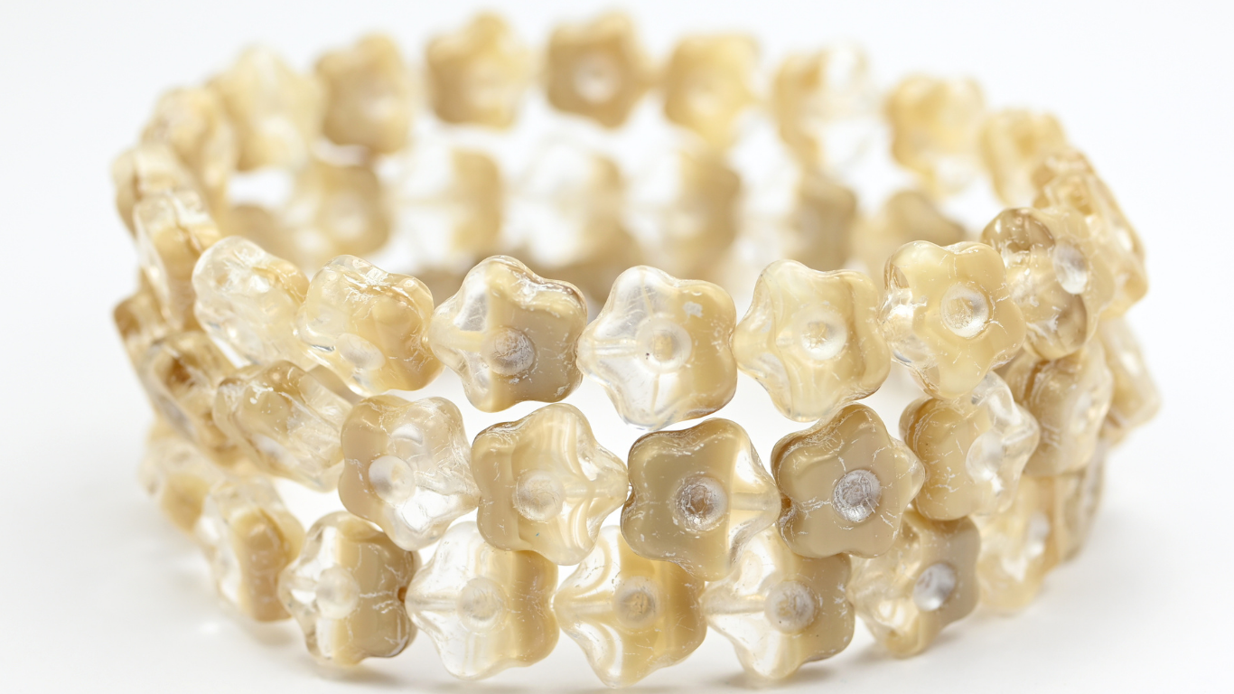 Simple Flower Pressed Glass Beads, Mix Crystal Beige White Lined (16018-54312), Glass, Czech Republic ~ STRANDED