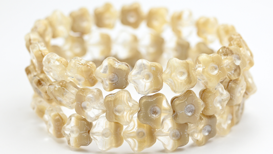 Simple Flower Pressed Glass Beads, Mix Crystal Beige White Lined (16018-54312), Glass, Czech Republic ~ STRANDED