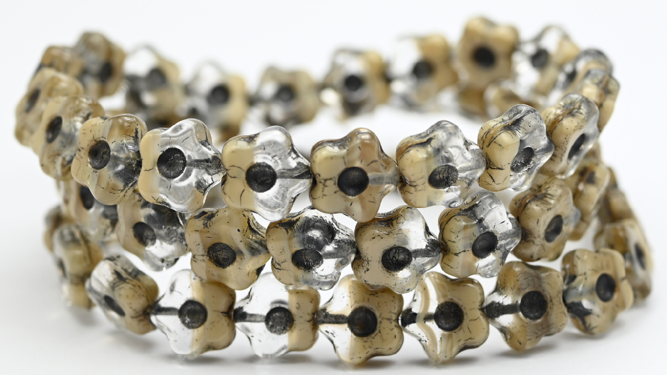 Simple Flower Pressed Glass Beads, Mix Crystal Beige Black Lined (16018-54313), Glass, Czech Republic ~ STRANDED