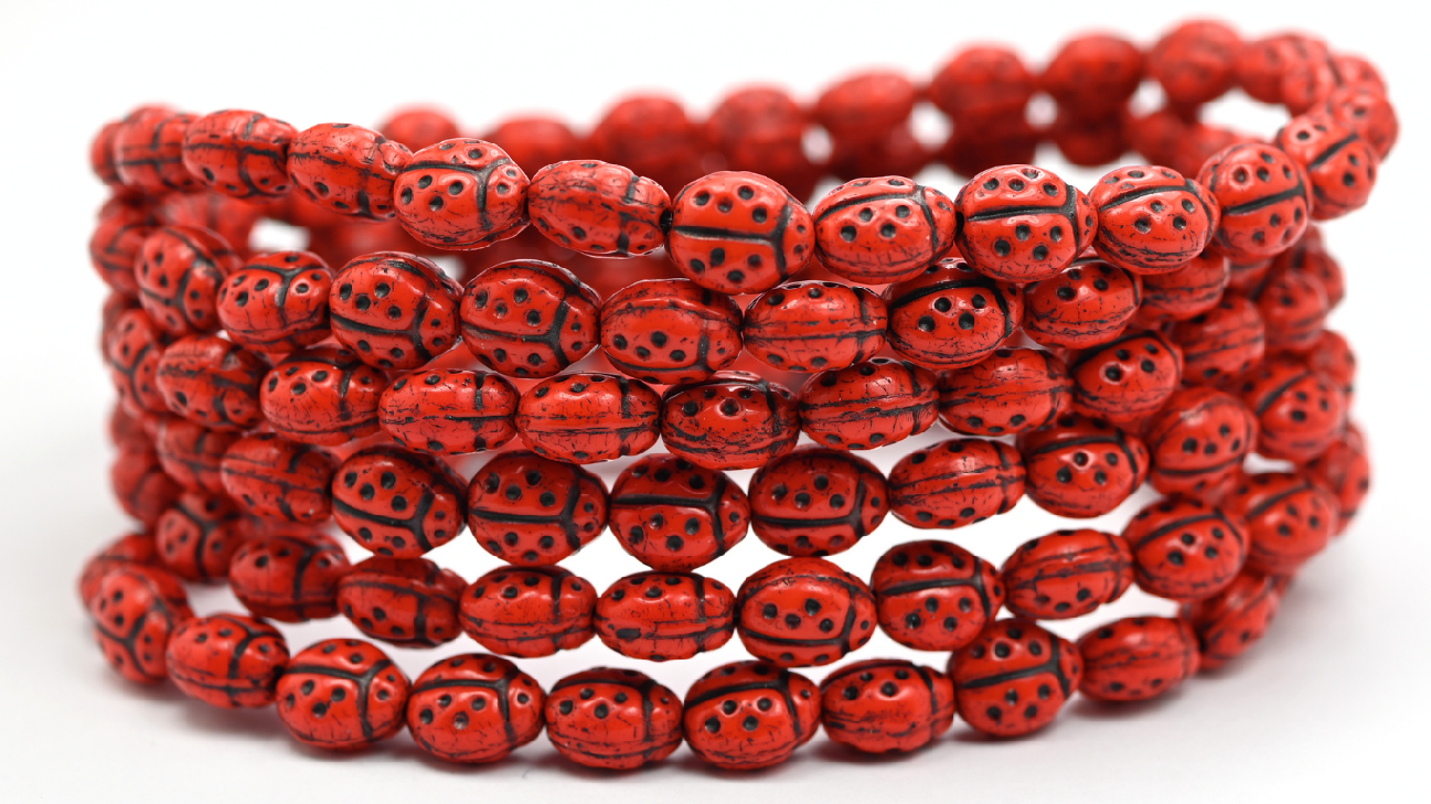 Ladybug Insect Pressed Glass Beads, Opaque Orange Black Lined (97-93160-54313), Glass, Czech Republic ~ STRANDED