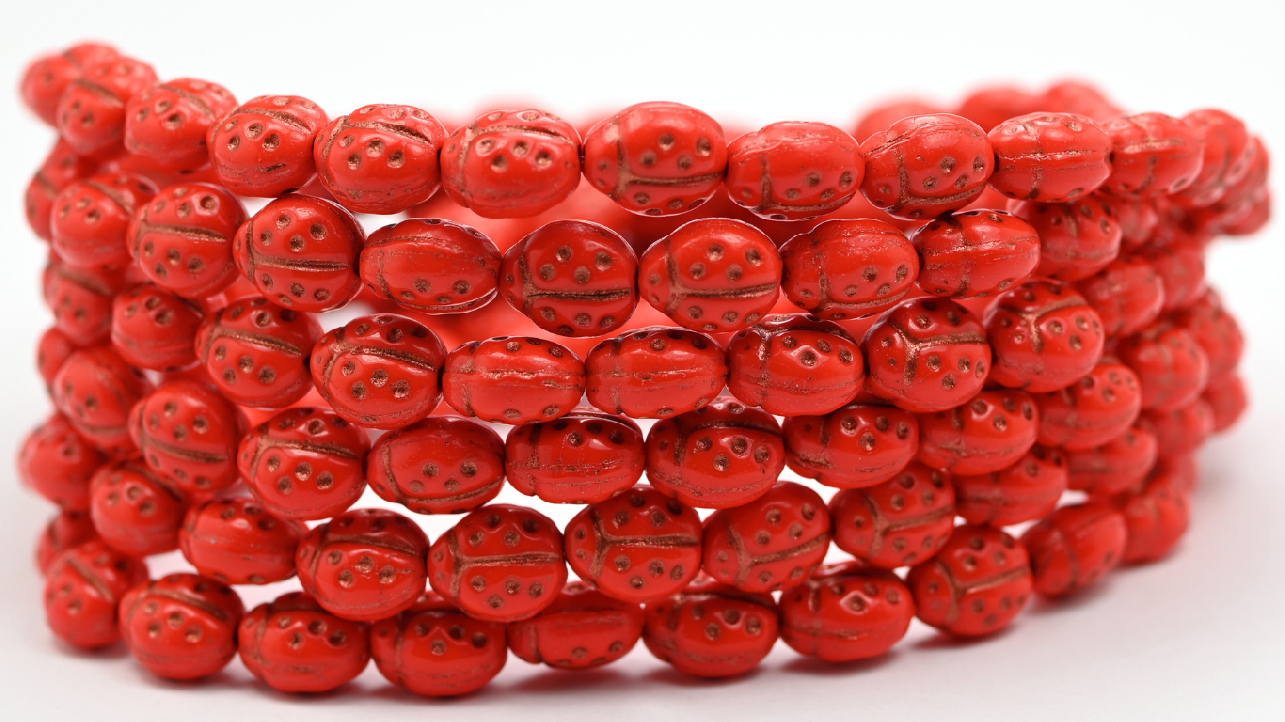 Ladybug Insect Pressed Glass Beads, Opaque Orange Copper Lined (97-93160-55307), Glass, Czech Republic ~ STRANDED