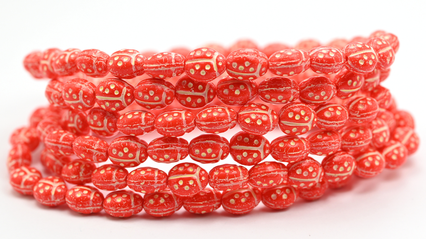 Ladybug Insect Pressed Glass Beads, Opaque Orange Beige Lined (97-93160-54311), Glass, Czech Republic ~ STRANDED