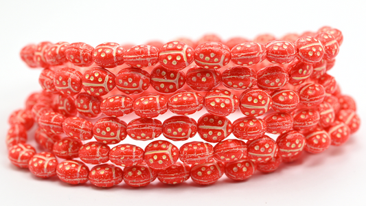 Ladybug Insect Pressed Glass Beads, Opaque Orange Beige Lined (97-93160-54311), Glass, Czech Republic ~ STRANDED