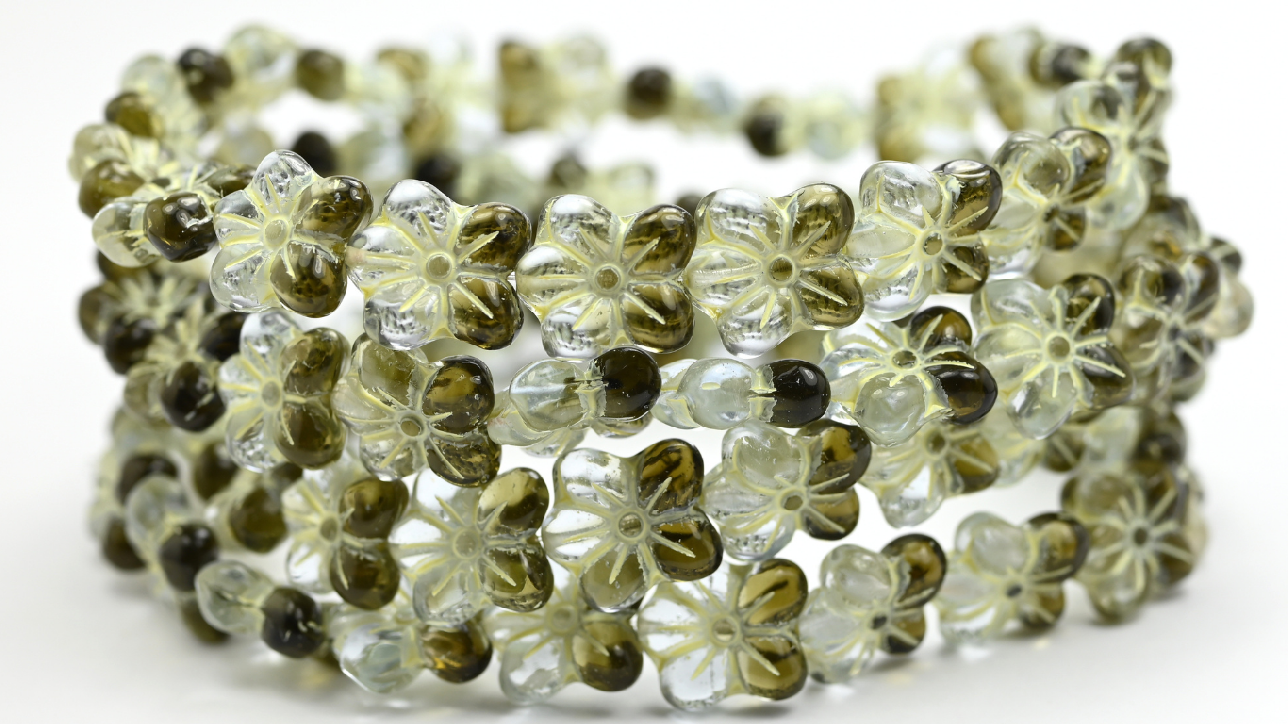 Flower Pressed Glass Beads, Transparent Blue Transparent Green Beige Lined (1412-30010-50230-54311), Glass, Czech Republic ~ STRANDED