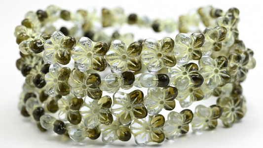 Flower Pressed Glass Beads, Transparent Blue Transparent Green Beige Lined (1412-30010-50230-54311), Glass, Czech Republic ~ STRANDED