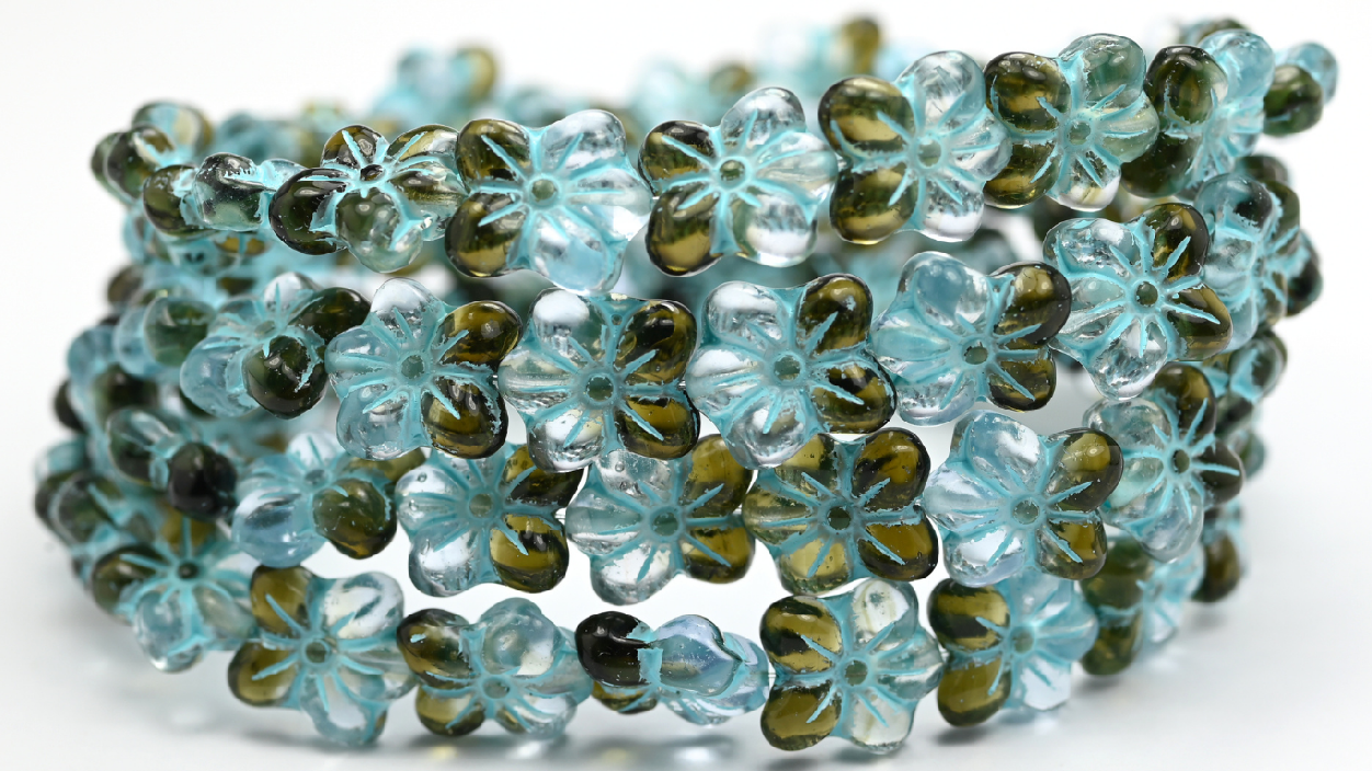 Flower Pressed Glass Beads, Transparent Blue Transparent Green Light Blue Lined (1412-30010-50230-54308), Glass, Czech Republic ~ STRANDED