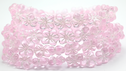 Flower Pressed Glass Beads, Transparent Pink White Lined (1412-70200-54312), Glass, Czech Republic ~ STRANDED