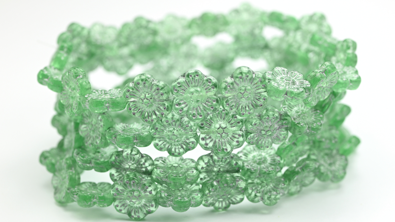 Flower Pressed Glass Beads, Transparent Green Silver Lined (50800-54201), Glass, Czech Republic ~ STRANDED