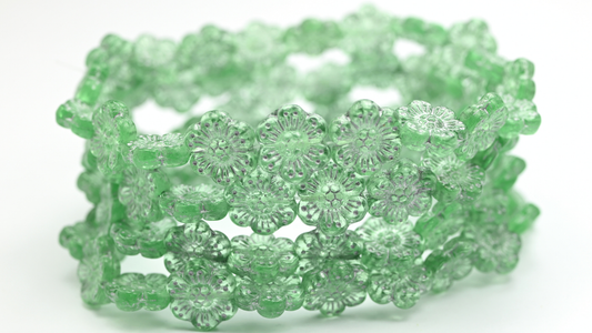 Flower Pressed Glass Beads, Transparent Green Silver Lined (50800-54201), Glass, Czech Republic ~ STRANDED