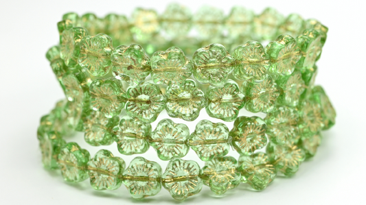 Pressed Beads, Transparent Green Gold Lined (10-50500-54202), Glass, Czech Republic ~ STRANDED